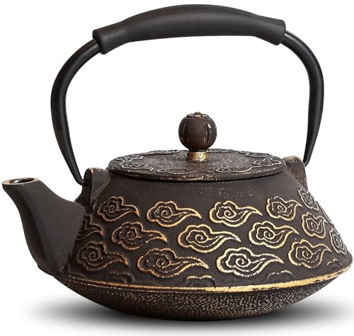 Gusseisen Teekanne, 800 ml Teekessel mit Glücks-Wolkenmuster, herdgeeignet mit Teesieb für Tee und Kaffee, japanische Teekanne, emaillierte Innenseite, Silikongriff