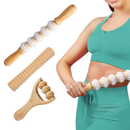 Pizsieat 3 Pièces Masseur anti Cellulite en Bois,Rouleau de Massage Maderotherapie pour Drainage lymphatique, Relaxation Musculaire, Modelage du Corps, Massage Gua Sha (Hêtre)