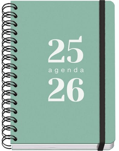 Dohe - Schülerkalender 2024 2025, Wochenansicht, A5 (15 x 21 cm), Ringverschluss und Gummi, Spanisch und Englisch, 4 Aufkleberseiten, September bis Juni, Schulmaterial, Grün