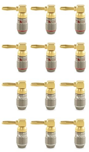 Nakamichi FanLock Excel Series 24k Gold Plated Right-Angle 90 Degree Banana Plug 10 AWG - 18 AWG Gauge Size 4mm for Speakers Amplifier Hi-Fi Home Theatre Wire Cable Quick Connector, 12 Pcs (6-Pairs)
