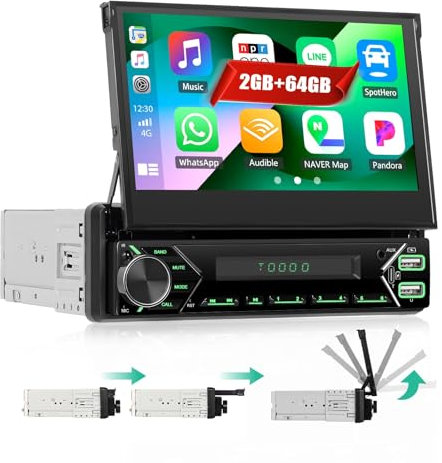 2+64G CAMECHO Android 13 Single Din Car Stereo Flip Out Carplay Android Auto, 7 inch Manual Telescopic Touch Screen Bluetooth Handsfree Call Sat Navi USB/Type-C/Aux-in SWC Mirror Link