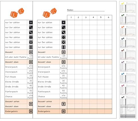 DiceCupFlex Gioco di dadi Blocco DIN A6 con blocco dadi da 50 pagine, blocco da gioco, blocco di ricambio, design (2 pezzi, arancione)