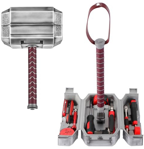 TOKKOT Thor Hammer Werkzeugkasten, Multifunktionales Heimreparaturwerkzeug-Set Ausgezeichnetes Handwerkzeug Neuheit Geschenk für Männer als Halloween Prop Cosplay Hammer (Silber)