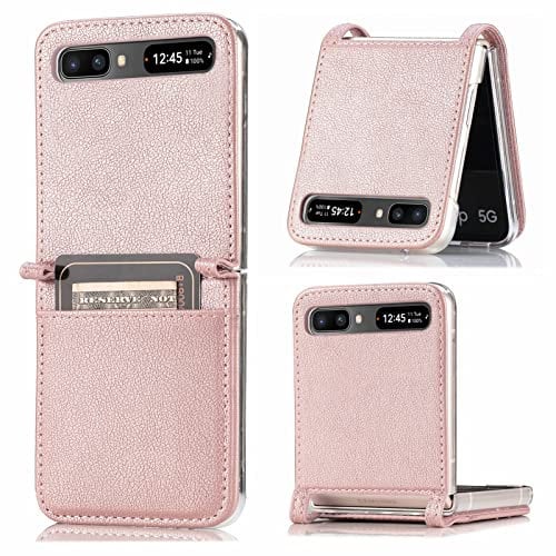 Asuwish Phone Case for Samsung Galaxy Z Flip 2 5G Cover and Lychee Leather with Credit Card Holder Slot Protective Soft TPU Slim Cell Accessories ZFlip2 Z2 Flip2 2Z Flip2case ZFlip25G Women Men Pink