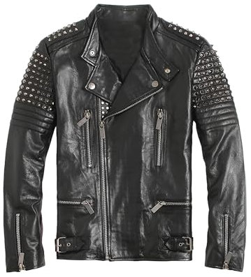 A&M Express Herren Punk Rock Nieten Lederjacke - Echtes Rindsleder Schwarz Biker Jacke für Winter, Schwarz , XXL