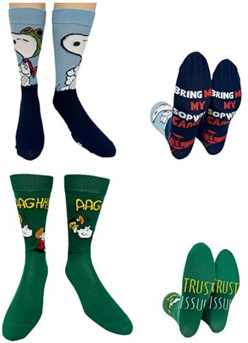 Hyp Sock Talk Peanuts 2er Pack Herren Socken 2 Paar Flying Ace Snoopy & Charlie Brown Lucy - Bottom Sole Text: Sopwith Camel & Trust Issues Herren Schuhgröße 39-47, Mehrfarbig, 37.5-46 EU