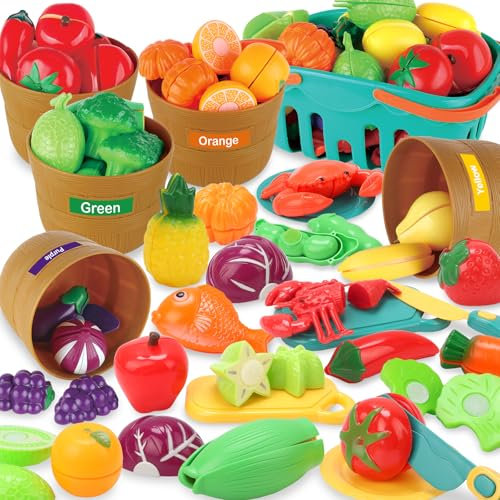 JQLM Cutting Play Food Sets for Kids Kitchen, Pretend Play Food Toys for Toddlers with Sorting Buckets and Basket, Pretend Play Kitchen Role Toys, Birthday Toy Gifts for 3 4 5 6+ Year Old Boys Girls