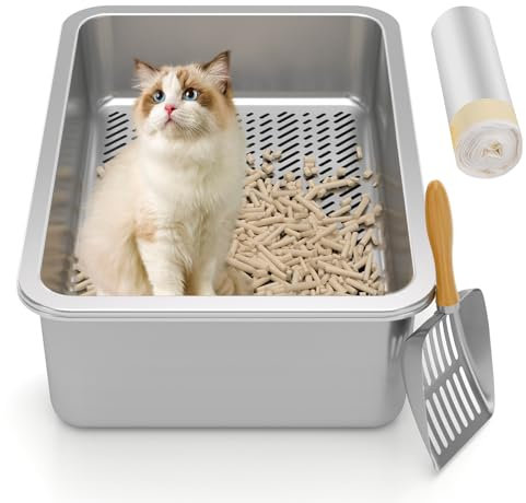 Paulmele Stainless Steel Sifting Cat Litter Box, Odor Control, Easy to Clean, with Litter Box Liners and Metal Scoop, Silver, M Size for Small Kittens