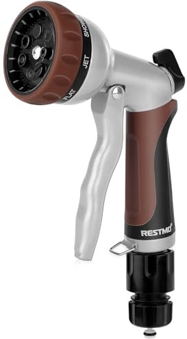 RESTMO Hose Pipe Spray Gun, Heavy Duty Garden Hose Spray Gun, High Pressure Hose Nozzle, Metal Hand Sprayer with 7 Patterns and Water Flow Control, Ideal to Water Plant & Lawn, Wash Car & Pet, Brown