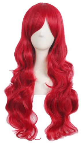 MapofBeauty 28 Inch Women Side Bangs Long Curly Synthetic Wig, Bright Red