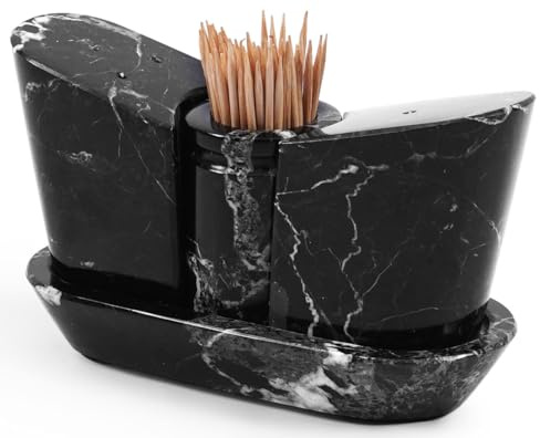 SPESHSTONES Marmor-Salz- und Pfefferstreuer-Set, 6,3 cm, handgefertigt, schwarz, Salz- und Pfefferkeller mit Tablett für Küchendekoration und Zubehör, Stein-Salzstreuer, Gewürzgläser und
