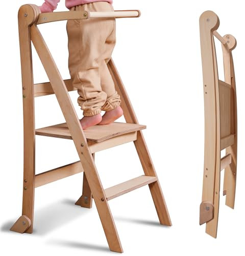 Holz Lernleiter Montessori platzsparend: Klappbare Lernleiter, Hocker für Kinder, Faltbare Kindertreppe, Lernleiter mit Kippschutz