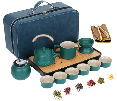 HYEIOL Japanese Ceramic Tea Set, 14Pcs Portable Chinese Tea Pot Set with Infuser/Cups/Tea Strainer for Tea Lovers, Complete with Travel Bag (Green)