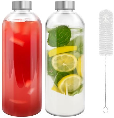 Eidoct 2-Pack 1L Reusable Glass Water Bottle - Leak-Proof, Heat-Resistant for Hot/Cold Drinks, Juicing, Smoothies & Coffee | Includes Free Bottle Brush | Perfect for Gym, Office, Home