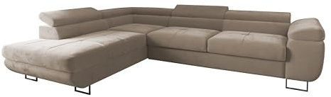4ALL HOME Ecksofa Luna mit Schlaffunktion und Bettkasten – 275x202 cm – verstellbare Kopfstützen – Liegefläche 193x125 cm – Couch – Schlafsofa – L-Sofa mit Stauraum (Monolith 04 Beige, Seite: Links)