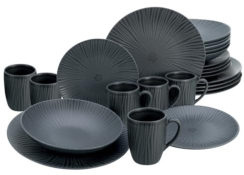 CreaTable, 24413, Serie Vesuvio Black, 24-teiliges Geschirrset für 6 Personen, Kombiservice aus Steinzeug, spülmaschinen- und mikrowellengeeignet, Made in Portugal