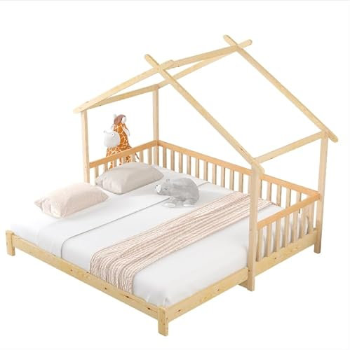 Goldicoo Montessori Hausbett 90X200 auf 180X200 - Kinderbett aus Holz mit Rausfallschutz und Lattenrost, Bodenbett mit Ausziehbarem Gästebett