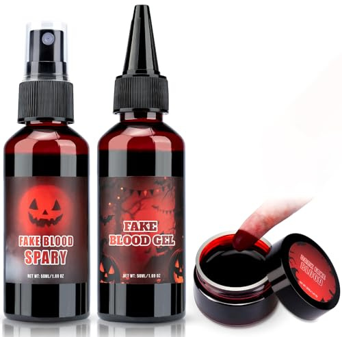 TonJin Halloween Fake Blood Makeup Kit, 3PCS Realistic Washable Costume Blood Set (1.69oz Spray + 1.69oz Dripping + 1.01oz Coagulated ) for Zombie Vampire SFX, Dark Coagulated & Fresh Blood Effects