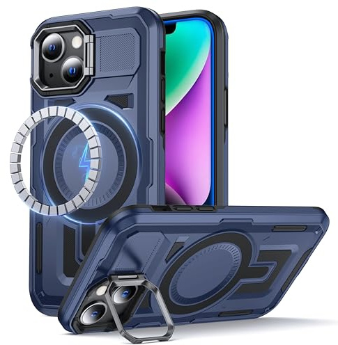 FNDMIL für iPhone 13/iPhone 14 Hülle mit MagSafe [Integrierter Kameraständer][Militär Stoßfest][Doppelschichtiger Hülle] Outdoor Handyhülle Robuster Stoßfänger Case,Blau