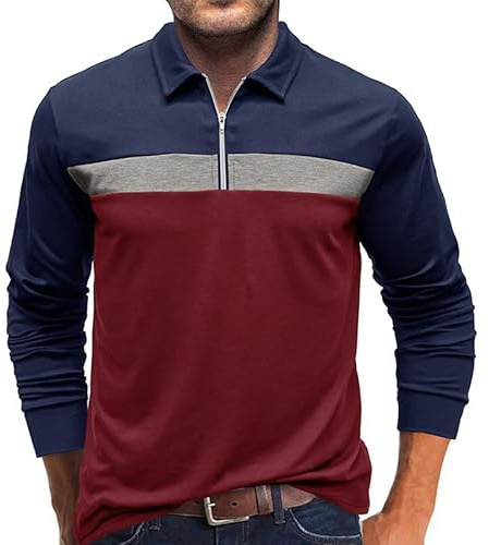Volemo Mens Polo Shirts Casual Long Sleeve Zip Polo Tops Contrast Color Raglan Cotton Golf Shirts Blue Wine M