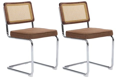 Shenyon Rattan Dining Chairs Set of 2, Mid Century Modern Dining Chairs with Natural Cane Back and Stainless Chrome Base, Armless Upholstered Linen Fabric Kitchen Chair for Dining Room, Brown