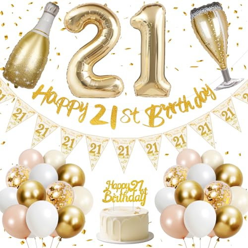 21st Birthday Decorations for Her, Happy 21st Birthday Banner, 40 inches 21 Foil Balloons, Gold, Pink, White and Confetti Balloons, 21st Party Decorations for Girls and Boys