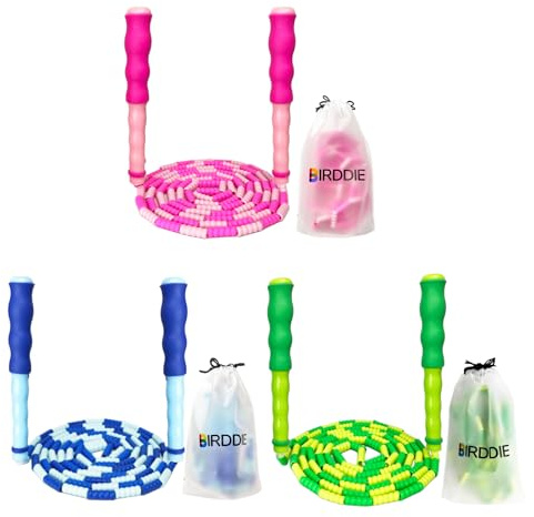 BIRDDIE Cuerdas de saltar suaves con cuentas, cuerda de saltar de longitud ajustable, cuerda de saltar segmentada sin enredos para niños y adultos, ejercicio, fitness, 9.2 pies (paquete de 3)