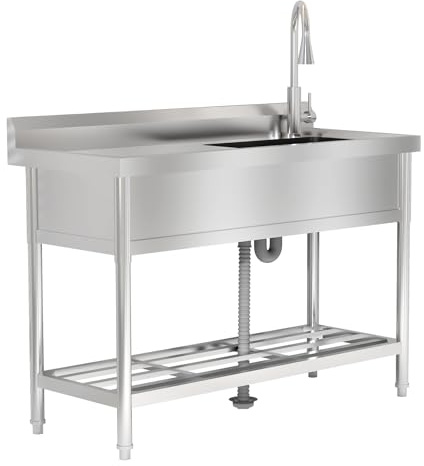 Garvee Grand Évier à Autoportant, Évier Utilitaire En Acier Inoxydable 120 * 51 * 92cm, Bac Unique Avec Robinets Eau Chaude & Froide - Pour Cuisine Commerciale, Buanderie, Garage, Jardin