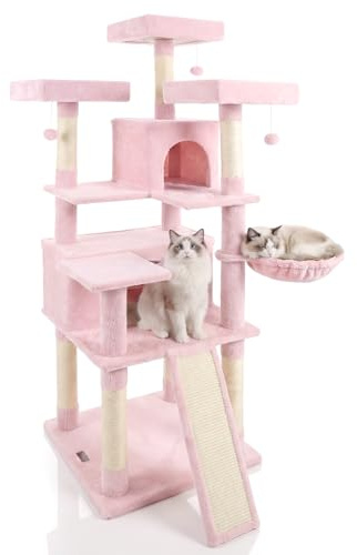DORTALA Multi-Level Cat Tree, 65 Tall Cat Tower with 3 Plush Perch, 2 Condos, Basket Bed, Sisal Scratching Posts & Board, Hanging Pompoms, Indoor Pet Climbing Furniture (Pink)