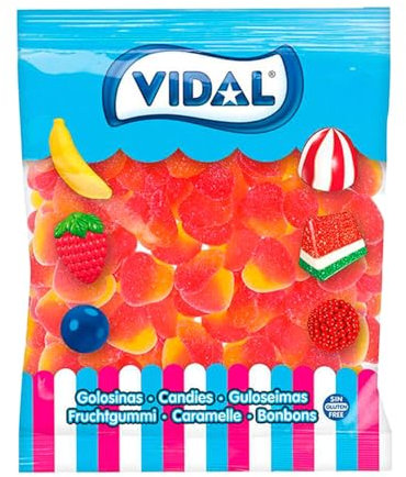 Vidal Golosinas. Melocotones Azúcar. Gominolas en forma de corazón bicolor con sabor melocotón y fina cobertura de azúcar. Colores rojo y naranja. Sin gluten ni grasa. Bolsa 167 u