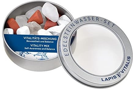 Lapis Vitalis Wassersteine Vitalitäts-Mischung - Kraftsteine Set in einer Metall-Geschenkdose - Ausgewählte Rohsteine - Stein Mischung aus weißer Magnesit, roter Jaspis & Bergkristall