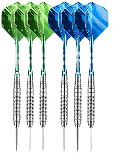 LARRITS 6 Stück 22 Gramm Steel Dartpfeile Set Dart Pfeile mit metallspitze schwarzen Aluminium Shaft, gehören 18 Stück Flights 6 Stück Gummi O-Ringe 1 Stück Dartspitzer 1 Stück Aufbewahrungsbox(22g)