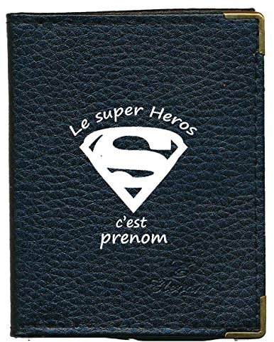 Syl'la Super Heros Etui Porte Cartes bancaire Credit fidélité Noir en Cuir pour 24 Cartes personnalise avec prenom