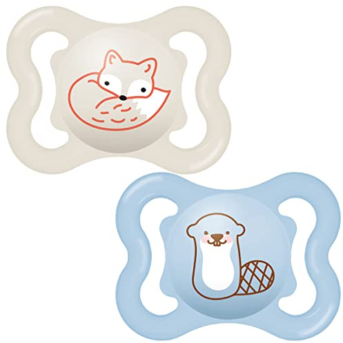 MAM Air Schnuller 0+ Monate (2 Stück), Baby Schnuller mit sterilisierbarem Reiseetui, Baby Essentials, blau/weiß (Designs können variieren)
