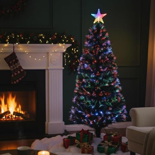 Olsen & Smith 5ft Fibre Optic Christmas Tree - Artificial Indoor Pre Lit Xmas Christmas Tree with Multicolour Lights 5 Foot 170 Branch Tips & Star Tree Topper
