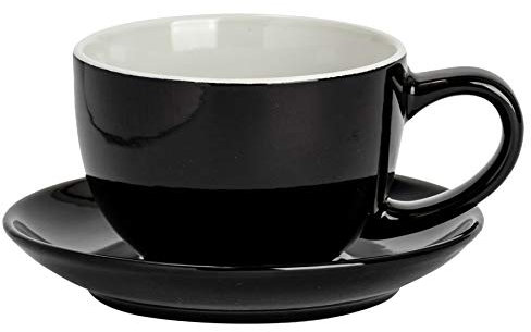 Argon Tableware Black Cappuccino Cup with Saucer - 250ml Dishwasher Safe Gloss Stoneware Cappuccino Cups and Saucer Set Coffee Mugs with Handle and Grooved Plate