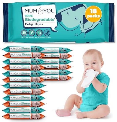 M&Y Mum & You Fragrance Free Eco-Friendly Biodegradable Baby Wipes Multipack - 1008 Wipes (18 x 56) Bulk | 99.4% Water, Hypoallergenic, Ultra Soft for Sensitive Newborn Skin - Bum Wipes, Wet Tissue