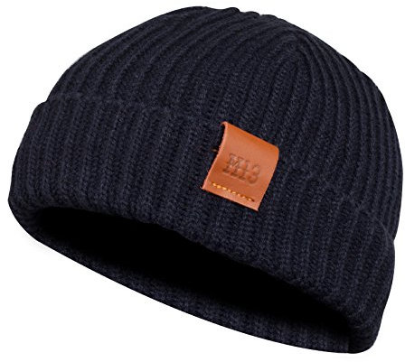 Fishermans Beanie - Mütze, Fischermütze, Strickmütze mit Echt-Leder Veredelung (Manufaktur13/M13) (Marine/Navy)