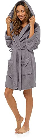 Lora Dora Ladies Dressing Gown Womens Luxury Short Hooded Bathrobe Teen Girls Fleece Robe Housecoat Loungewear Gift Grey Large