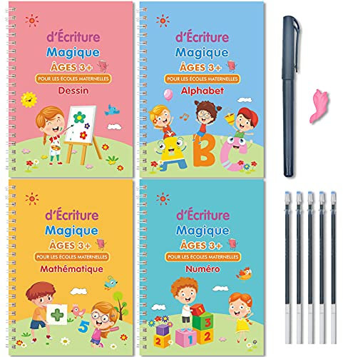 Larcenciel Cahier Ecriture Maternelle En Français, 4 Livres Calligraphie Enfant Magique + 1 Stylo + 5 Recharges +1 Grip, Cahier De Vacances CP Vers CE1 CE2, Guide Doigts Ecriture Enfant pour 3-5 Ans