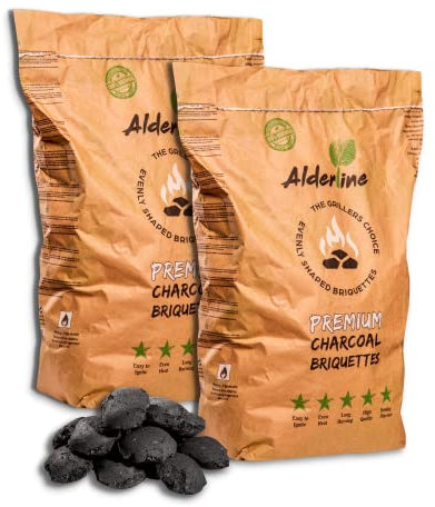 Alderline Premium Charcoal Briquettes (8kg) - Perfect for slow BBQ sessions - Ready in 15 Minutes, Pillow-Shaped, Up to 300°C, 4+ Hour Burn Time - 100% Natural, Sustainable Charcoal for Grilling