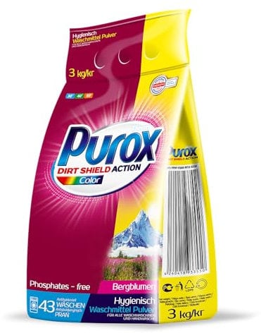PUROX COLOR Waschpulver im Foliensack (43 Waschladungen) – Waschmittel für farbige Textilien, entfernt Flecken, umweltfreundlich, schutz vor Kalkablagerungen, 3 kg