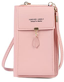 FuninCrea Crossbody Phone Bag, Fashion PU Shoulder Bag With Zipper, Mobile Phone Wallet Bags with Three Layers, Small Items Storage Bag with Metal Leaves for Cellphone, Key, Card (pink)