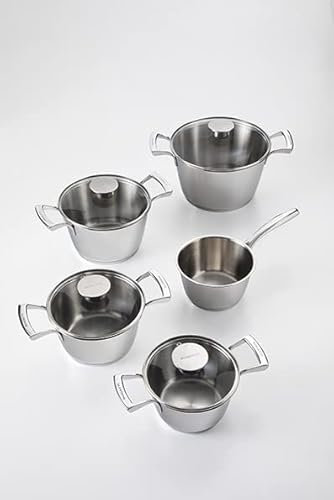 BUGATTI Cucina Italiana, Set di Pentole in Acciaio Inox 18/10, 10 Pezzi, Batteria di Pentole, 5 Casseruole e 5 Coperchi in Vetro, Per Tutti i Piani Cottura e Per Forno, Misure 16, 18, 20 e 24 cm