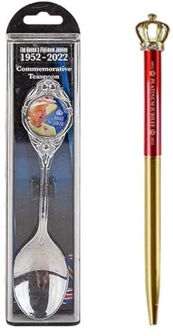 Queen Platinum Jubilee Memorabilia 2022 Sammlerstück, Gedenklöffel, Edelstahl, Souvenir, Gedenklöffel, 1952–2022, Löffel mit roter Platin-Jubiläumskrone (schwarze Tinte)