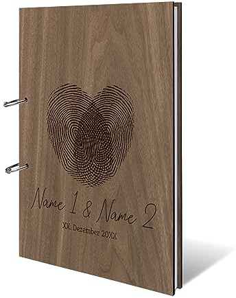 Personalisiertes Hochzeit Gästebuch echtes Holz DIN A4 Hochzeitsbuch mit Lasergravur - Fingerabdrücke - mit 72 Blatt / 144 Seiten Naturpapier Weiß