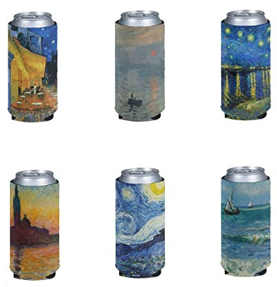 Kuiaobaty Set di maniche sottili per lattine refrigeranti in neoprene, maniche per bevande, lattine, refrigeratori per birre, bevande estive, riutilizzabili, può coprire Monet Van Gogh, stampa