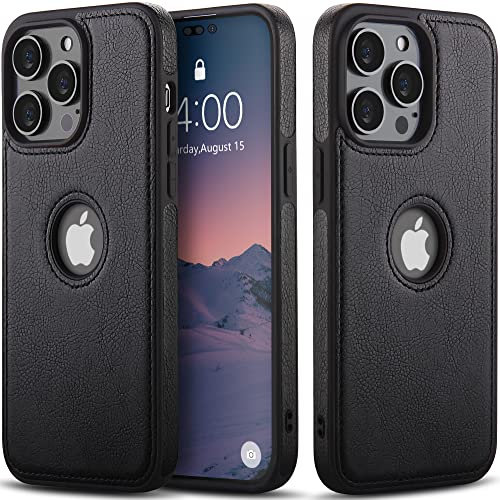 Hulveze Custodia Compatibile con iPhone 14 Pro, Custodia Business in Pelle PU di Lusso con Ritaglio del Logo, Sottile Cover Antiurto Morbida Lmpugnatura Antiscivolo per iPhone 14 Pro(Nero)