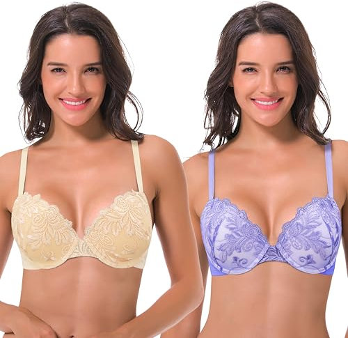 Curve Muse Women Plus Size Push Up Add 1 and a Half Cup Underwire Lace Mesh Bra-2PK-Nude,Mave-44B (EU:100B)