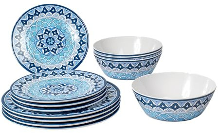 Abode Homewares Blue Fontana 12-Piece Melamine Dinnerware Set, 4 Dinner Plates, 4 Salad Plates, 4 Bowls, Dishwasher Safe, Durable